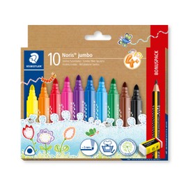 STAEDTLER Felt Pens for Toddlers - Noris Jumbo Colouring Markers - Includes HB Pencil & Eraser - 10 Assorted Colours, 328-B C10P