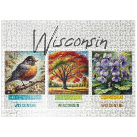 MyPuzzle Wisconsin: Bird, Tree, Flower- State Symbols Collage Series - Premium 500 Piece Jigsaw Puzzle for Adults