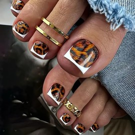 Toenails Press on Short Square Fake Toe Nails with Leopard Print Designs White French Tip False Toe Nails Full Cover Glossy Stick on Toe Nails Artificial Acrylic Fake Toe Nails for Women 24Pcs