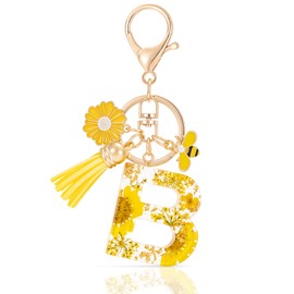 MWOOT Letter Keychain Initial Keyring Letter, Alphabet Resin Flower Key Chain with Daisy Bee Tassel Pendant Handbag Purse Charm, Yellow Petal Keyring for Women, Yellow-b