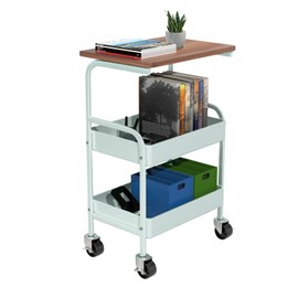 HIDODO Rolling Cart with Wooden Tabletop, 3 Tier Metal Utility Cart, Rolling Storage Organizer Cart with Lockable Wheels for Kitchen, Office, Bedroom (Green)