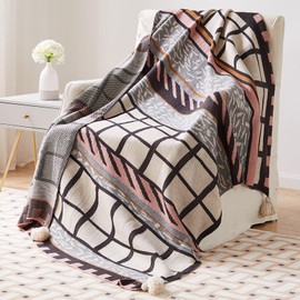 Jemsia Bohemian Throw Blanket Knitted Geometric Patterns Sofa Blanket Camping Travelling Soft Cozy Woven Shawl Decor Throws with Tassels for Armchairs Couch Bed Throws, 127 x 152cm