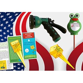 Garden Day and Lawn Care Outdoor Kit | Critter Moisture Sensor | Green Hose Nozzle | Rain Guage Bundle 5 Items (Green Frog)