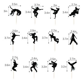 12-piece set Hip-hop dance Cupcake Toppers Black Glitter Breaking Dancer Cupcake Picks Hip HOP Hooray Cupcake Toppers for Hip Hop Dancing Theme Party Decor Supplies