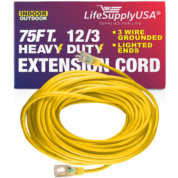 75 ft Power Extension Cord Outdoor & Indoor Heavy Duty 12 Gauge/3 Prong SJTW (Yellow) Lighted end Extra Durability 15 AMP 125 Volts 1875 Watts by LifeSupplyUSA