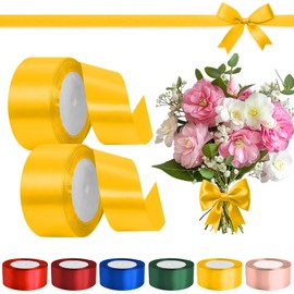 Kit 2 rollos de listón satinado de 4 centímetros de ancho, La longitud total es de 45 m, Ideal para crear moños de regalo, decoración para el Día de San Valentín y el Día de la Madre, Hecho de cinta de satén de colores (Amarillo, 2 Rollos)