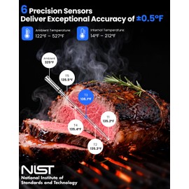 PROGRACE Smart Bluetooth Wireless Meat Thermometer: Standalone Base, WiFi Unlimited Range, 6 Sensors with NIST Certified Accuracy, for iOS and Android, for Kitchen, BBQ, Grill, Oven, Smoker