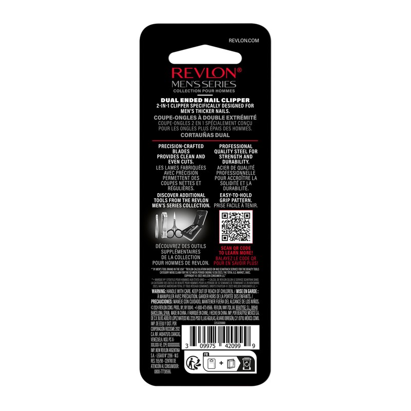Revlon Dual-Ended Nail Clipper for Men, Straight and Curved Edges,