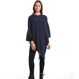 Fomolom Womens Poncho Sweater V Neck Knitted Pullover Shawls Wraps Capes with Fringes Gifts for Women Blue