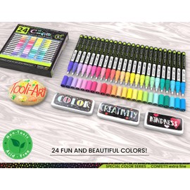 24 Confetti Colors Acrylic Paint Pens Markers Set 0.7mm Extra Fine Tip, Rock Painting, Glass, Mugs, Wood, Metal, Canvas, Ceramics, DIY Projects, Illustration. Non Toxic, Waterbased, Quick Drying
