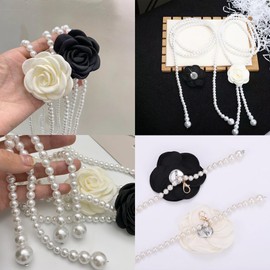 Pearl Belt Flower Pearl Chain Belt for Women Dresses Camellia Pearl Waist Chain White Belt Belly Body Chains Wedding Belt for Bridal Prom Jewelry Gift (Black)