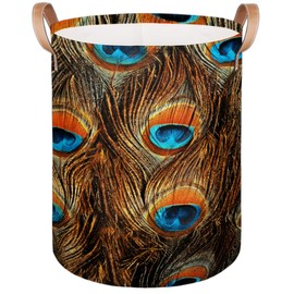 Peacock Large Round Laundry Basket Collapsible Laundry Hamper with Leather Handles Durable Dirty Clothes Storage Bins for Living Room Bedroom Dorm Closet Organizers and Storage
