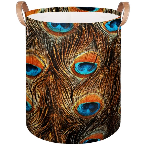 Peacock Large Round Laundry Basket Collapsible Laundry Hamper with Leather