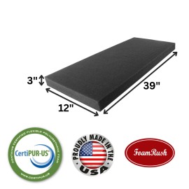 FoamRush 12"x 39" Charcoal High Density Upholstery Foam Seat Cushion Made in USA - 3" x 12" x 39" Charcoal