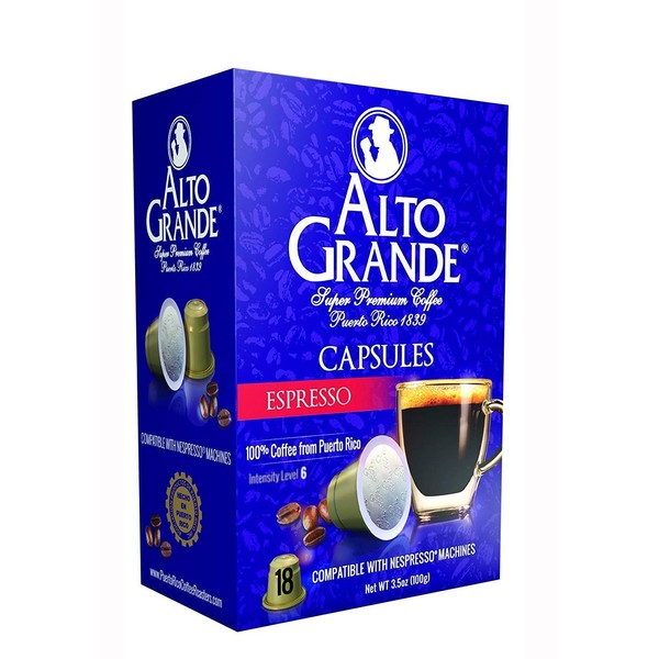 Alto Grande Super Premium Capsules for Nespresso Machines, 100 Percent Arabica Coffee From Puerto Rico (Espresso, 18 Count)
