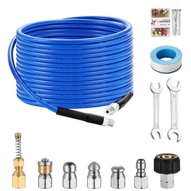 Balabulala Sewer Jetter Kit for Pressure Washer, 25Ft X1/4" Water Jet Drain Cleaner Hose, Rotating and Button Nose Sewer Jetting Nozzles Waterproof Tape,Orifice 4.0 4.5,1/4 Inch NPT,5800 PSI