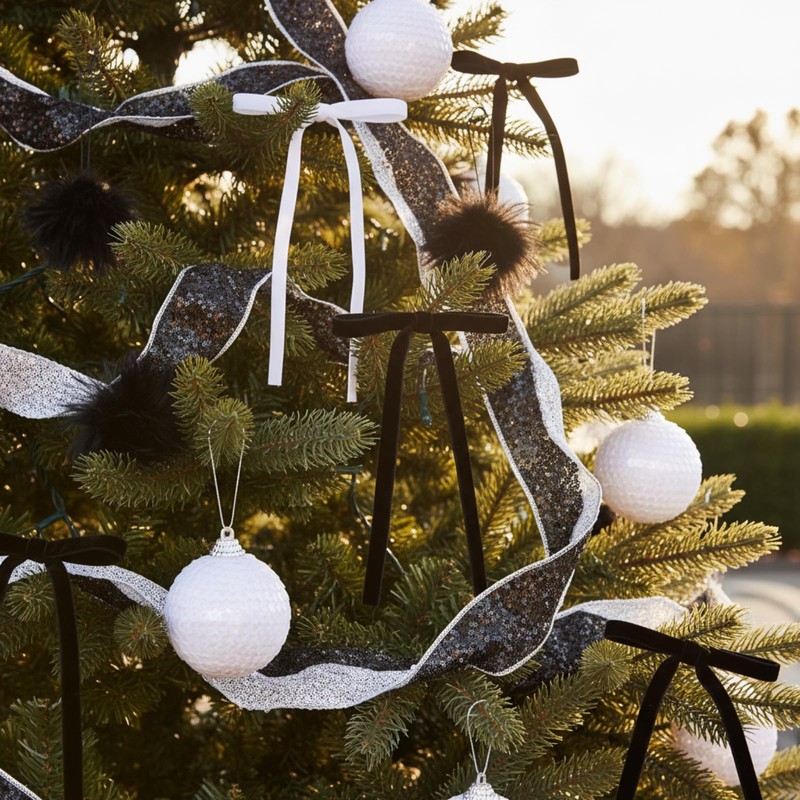 64 Pcs Christmas Ornament Plush Sequins Balls Bows, Black,White