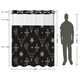 No Hook Western Aztec Shower Curtain with Snap Liner,Black Gold Southwest Waterproof Fabric Shower Double Curtain with Top Window,Cactus Cow Skull Farmhouse Decor for Hotel Grade Bathroom 71" X 74"