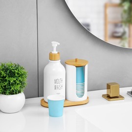 VITVITI Mouthwash Dispenser for Bathroom, Mouth Wash Pump Bottle with Paper Cup Holder, 17Oz Refillable White Mouthwash Container with Bamboo Lid/Tray/Label