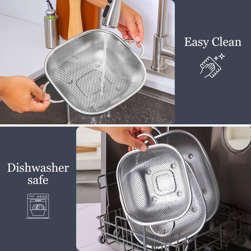 E-far 3 Pack Colander for Kitchen, Square Stainless Steel Metal
