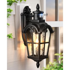 VIANIS Porch Lights Outdoor Motion Sensor, Black Dusk to Dawn Outdoor Garage Lighting Fixtures, Aluminum Waterproof Outside Sconce Lights with Ripple Glass, Coach Light Wall Mount for House Doorway