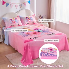 VIVILINEN Full Size Sheet Set 4 Piece Kid Sheets Set for Girls Pink Unicorn Full Bed Sheets Set for Teens Bedding Set Include Flat Sheet, Deep Pocket Fitted Sheet and Pillowcase