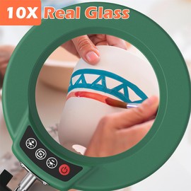 MagnieOpti 10X Magnifying Glass with Light and Stand, Real Glass Lens Desk Lamp, Lighted Magnifier with Light Stepless Dimming Hands Free for Craft, Reading, Painting, Sewing, Solder - Green