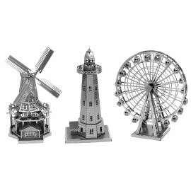 Fascinations SET of 3 Fascinations Metal Earth Ferris Wheel Windmill Lighthouse 3D Model Kits