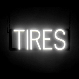 SpellBrite TIRES Sign for Mechanics | Auto Service-Related Signs with Neon Look, White LED Light | 17.4" x 6.3"