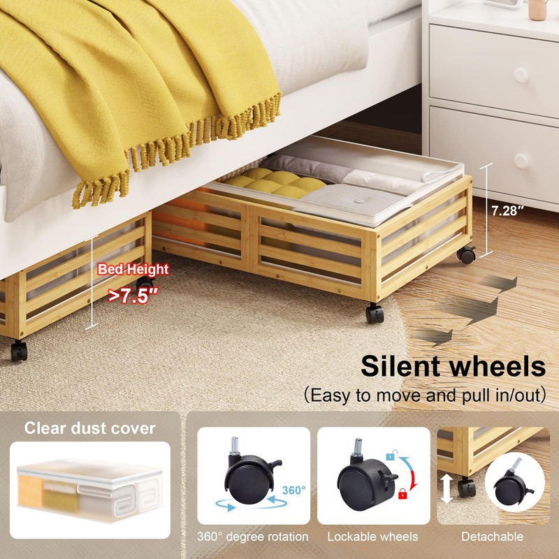 Under Bed Storage with Wheels-Large Bamboo Underbed storage Containers with