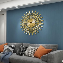 FLEBLE Large Wall Clocks for Living Room Decor Modern Gold Silent Wall Clock Battery Operated Non-Ticking for Bedroom Kitchen Office Home Decorative 24Inch Retro Crystal Clock Wall Decor for House