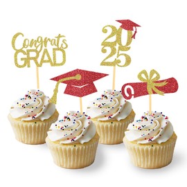 24Pcs Graduation Cupcake Toppers, Graduation Cupcake Picks for Cupcake Food Decorations - Class of 2025 Graduation Cupcake Toppers Supplies (Red & God)