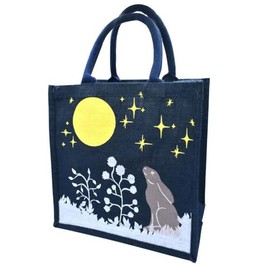 Shared Earth Hare and Moon Jute Shopping Bag, 30 x 30 x 20 cm, Natural Fibre Tote with 36 cm Handles