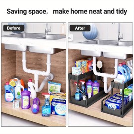 OrganiMax Kitchen Sink Organizer Rack – Sliding Multi-Tier Shelves for Easy Access, Bathroom and Kitchen Storage