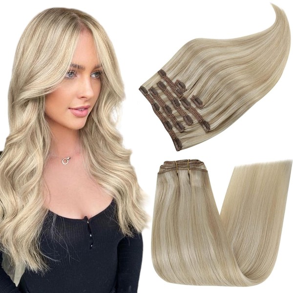 RUNATURE Clip-In Real Hair Extensions, Ash Blonde with Platinum Blonde Seamless, 40 cm, 120 g #18P60