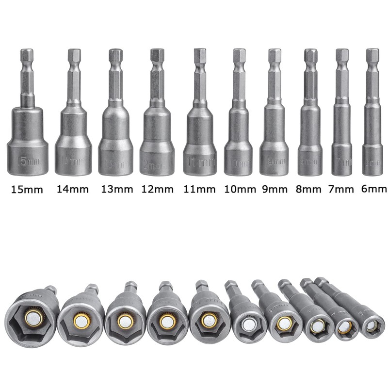 Gasea10pcs Magnetic Hexagon Socket, 6-15mm Nut Setter Driver Drill Bit