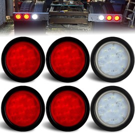 Traberm 6 Pcs 4" Inch Round LED Trailer Tail Lights Red 12 LED, (4 Red+2 White) 4" Round Led Stop Turn Tail Brake Trailer Lights White Backup Reverse Lights w/ 3-Prong Wire Pigtails IP67 Waterproof