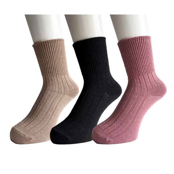 EM Wear Japan Women's Socks, Warm, Moisture Wicking, Heat Generating, Hair Blend, Cold Removal, Loose, Cold Protection, Thermal, 8.7 - 9.4 inches (22 - 24 cm), 3 Pairs Set, Black, Pink, Beige