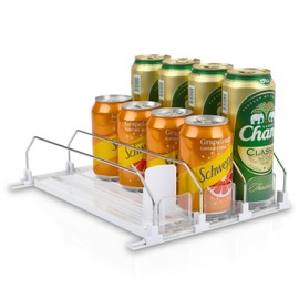 Soda Can Dispenser for Refrigerator - 3 Row Automatic Pusher Glide, Fridge Bottle Rack Drink Organizer, Self-Pushing Width Adjustable Beverage Storage Holds Up to 12 Cans (12.2inch, White)