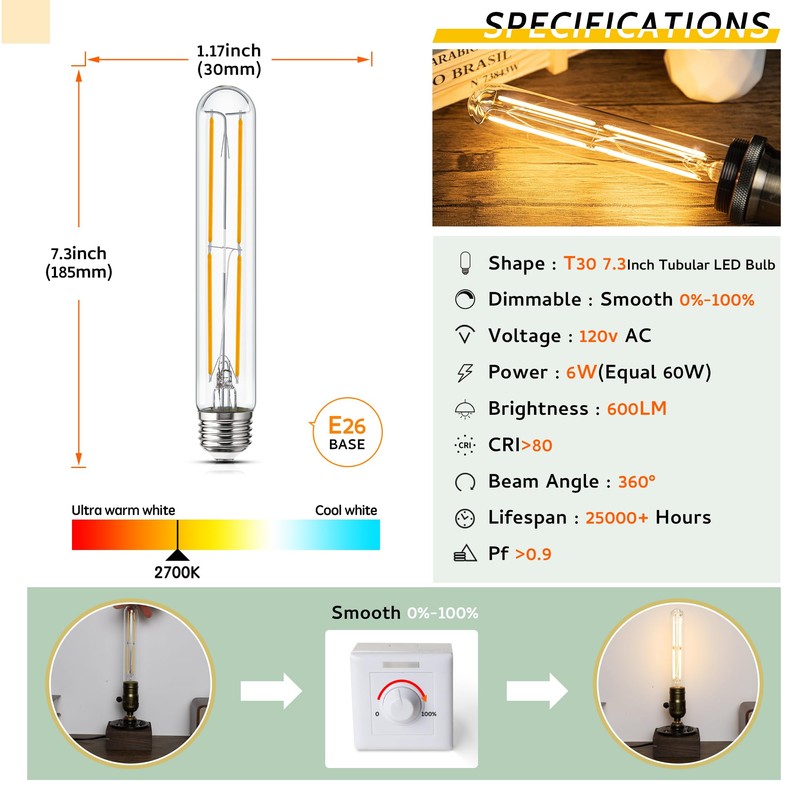 Sphoon Tubular Light Bulb 7.3 Inch Dimmable T10 LED Bulb