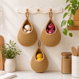 Wall Hanging Fruit and Vegetable Baskets for Kitchen - 3-Piece Cotton Storage Rack for Onions and Produce with Space-Saving Design