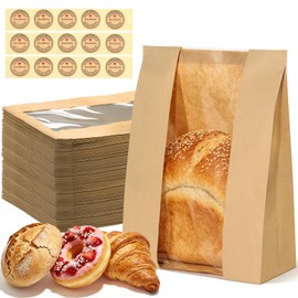 BagDream 60 Pcs Large Paper Bread Bags for Homemade Bread with Clear Window, Tin Tie Tab, 13.7x8.3x3.5 Inch Kraft Paper Sourdough Bags with Stickers for Bakery Packaing Storage, Loaves, Boules, Bagels