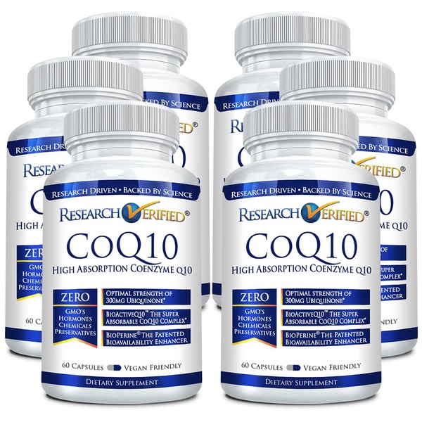 Research Verified CoQ10-100% Pure Extra Strength 300mg CoQ10 – Improved Absorption and Bioavailability with Bioperine - Boost Antioxidant Levels, Improve Cardiovascular Health, 360 Vegan Capsules