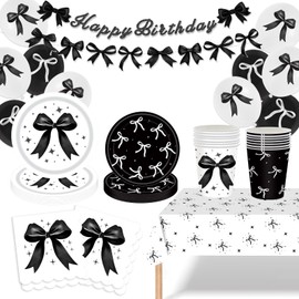 102pcs Black Bow Birthday Party Bow Happy Birthday Includ Bow Happy Birthday Banner Black and White Balloons Paper Plates Napkins Cups Tableware Set with Tablecloth Serve 20 Guests lyhshdjtz