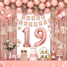 19th Birthday Decorations for Women Girls, Happy 19 Birthday Decorations for Her, Rose Gold Birthday Party Supplies with Banner, Number Balloons, Fringe Curtains, Hanging Swirls, Foil Balloons