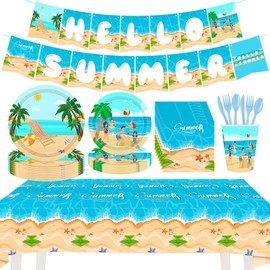 Xugoox 122Pcs Hawaiian Sandbeach Party Supplies Summer Beach Party Tableware Set, Hello Summer Banner Plates Cups Napkins and Tablecloth for Summer Pool Theme Birthday Party Decorations, Serve for 16