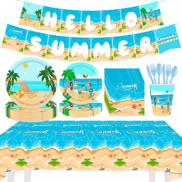 Xugoox 122Pcs Hawaiian Sandbeach Party Supplies Summer Beach Party Tableware