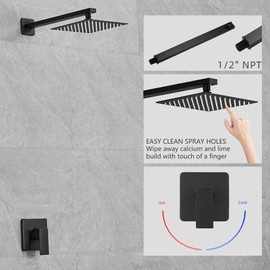 Heable Matte Black Shower Faucet Set, Single Function Shower Trim Kit with Rough-in Valve, Square Rain Shower Head System Included Extra Long Shower Arm for Bathroom