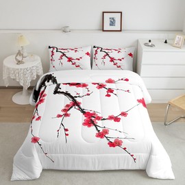 Feelyou Kids Cherry Blossoms Comforter Set Twin Size Japanese Style Bedding Set Boys Girls Sakura Flower Comforter Floral Botanical Branches Spring Quilt Set