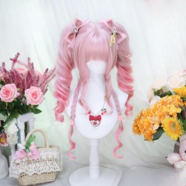 Women's Wig, Full Wig, Semi-Long, Loosely Rolled, Twin Tails, Flattering, Stylish, Lolita, Party, Dating, Outing, Events, Small Face, Natural, Heat Resistant, Pink